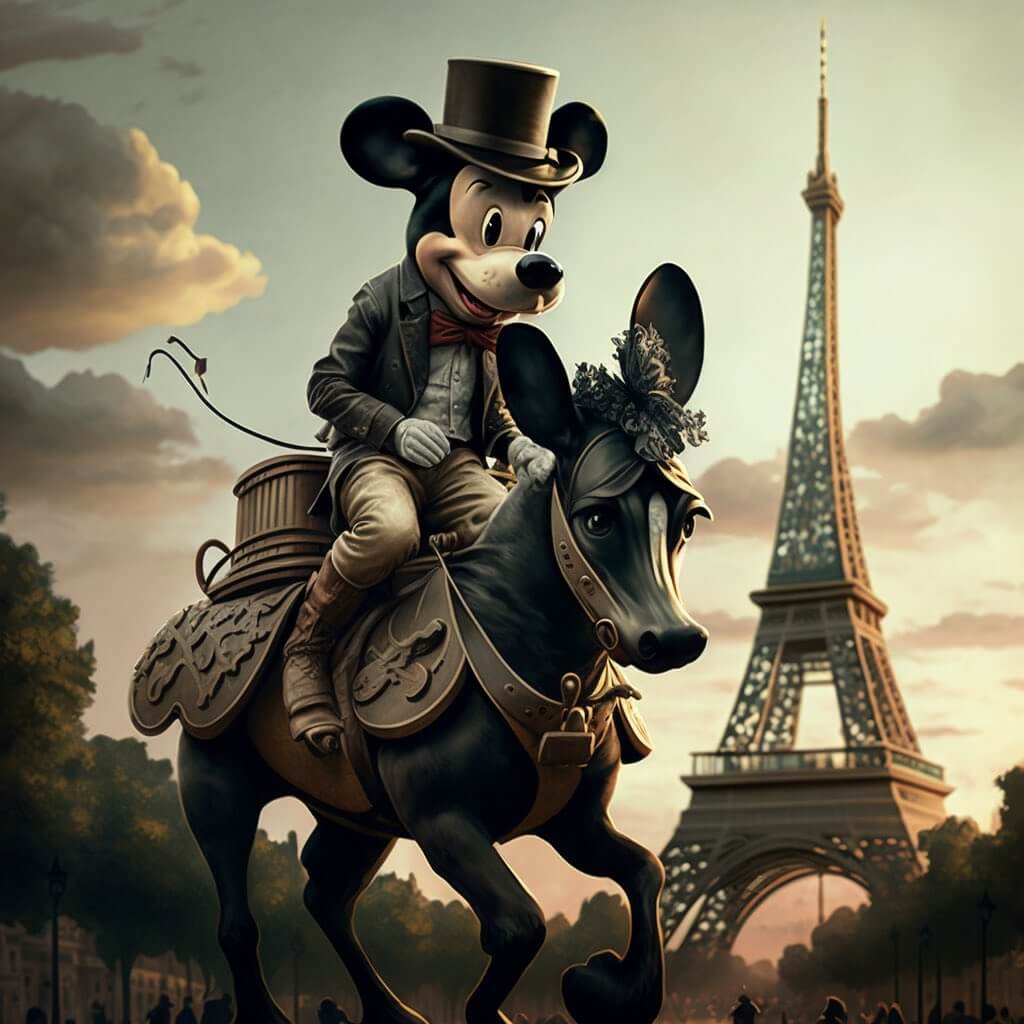 mickey mouse riding a horse in centre of paris Mickey Mouse riding a horse in the centre of Paris